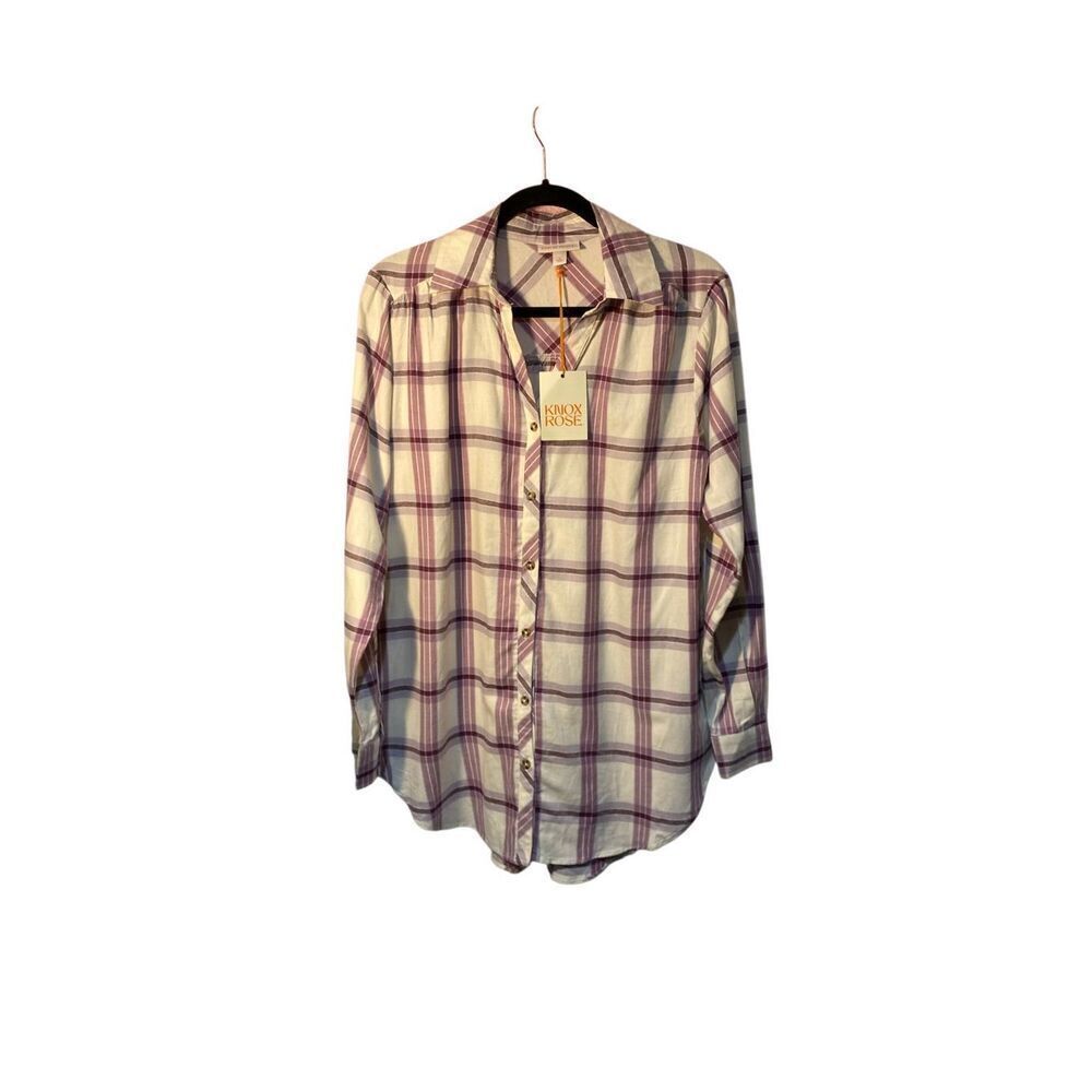 NWT, Knox rose women’s long sleeve, button, down tunic, shirt, purple plaid, S/M